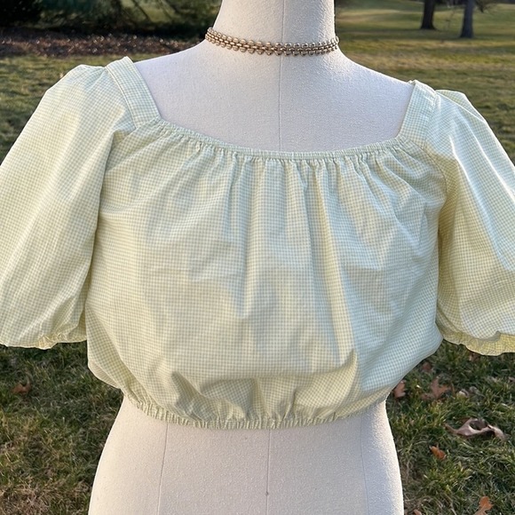 Copper Key gingham green white print cropped top with puff sleeves size large - Picture 1 of 11